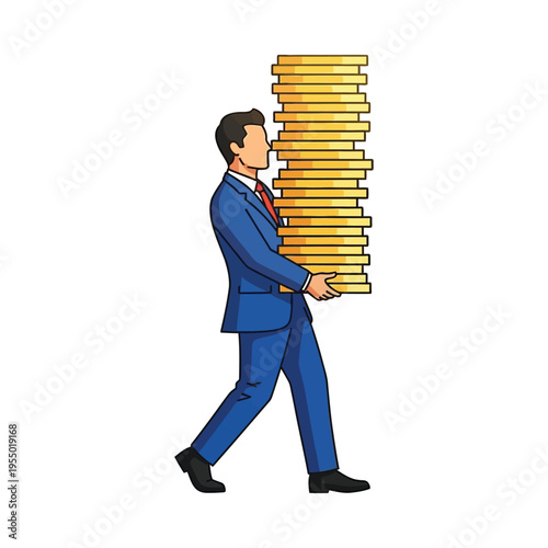 A businessman carrying a stack of gold bricks symbolizing wealth and success