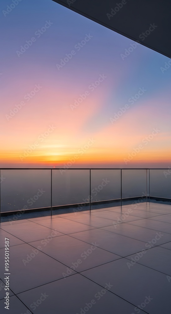 Fototapeta premium Modern balcony deck overlooking a vibrant sunset skyline
