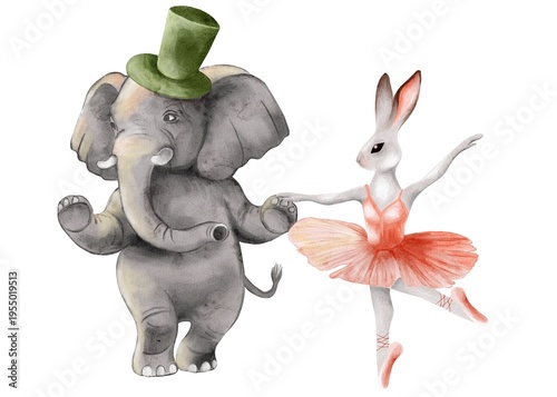 Dancing elephant and ballerina rabbit in watercolor design for packaging and wallpaper decor