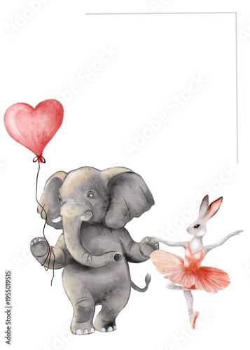 Elephant and bunny ballet dancers with heart balloon design for wrapping paper and postcards