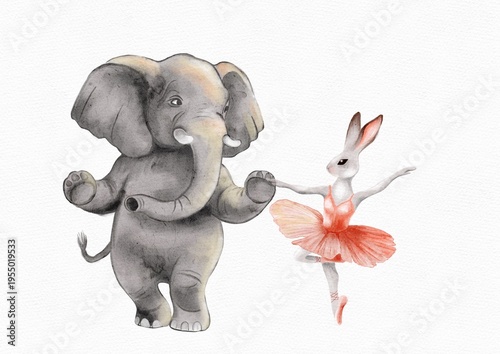 Cute elephant and rabbit dancing together in watercolor style for packaging and design