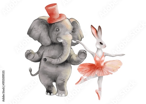 Unique watercolor design featuring an elephant and a rabbit in a dancing pose with a hat