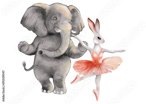 Watercolor design of an elephant and a dancing rabbit in a playful scene