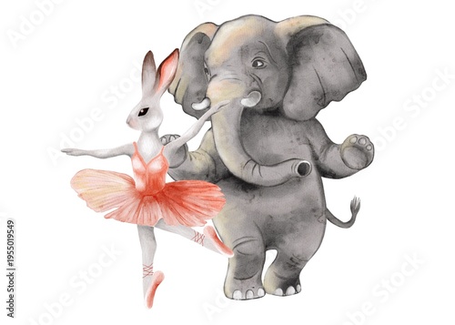 Watercolor dancing rabbit and elephant duo on white for creative packaging design