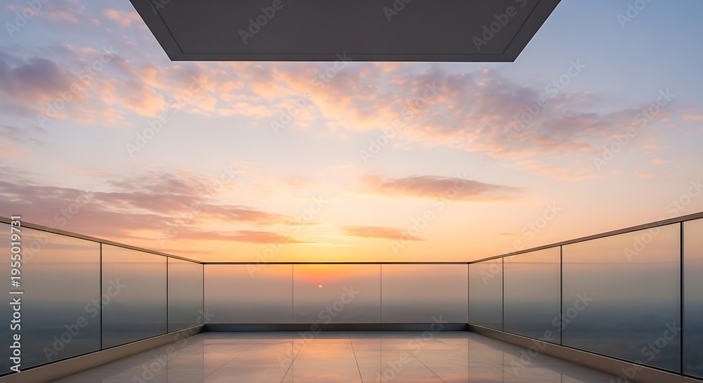 Fototapeta premium Modern luxury apartment balcony with panoramic sunset view