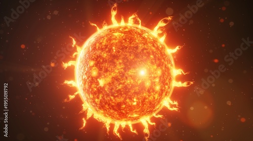 A close up of a sun with its rays of fire. The sun is surrounded by a bright orange glow