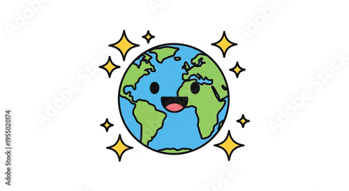 Smiling cartoon Earth with sparkles around.