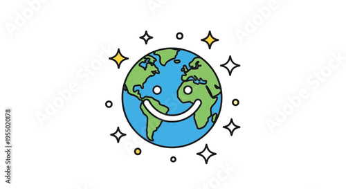 Smiling cartoon Earth with sparkles around.