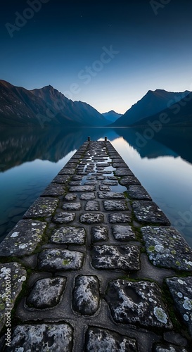 Stone pier extending into a calm mountain lake at twilight