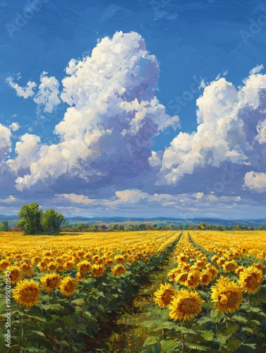 Sunflower Field Under Blue Sky With Clouds in the Countryside During the Afte...