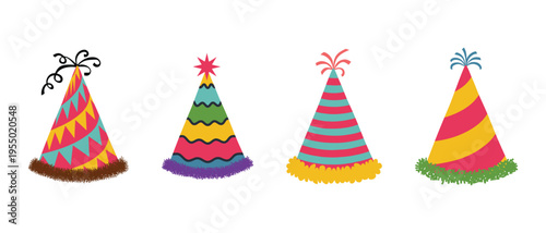 Vector bundle of decorative party hats. Colorful birthday cone accessories with cute patterns.