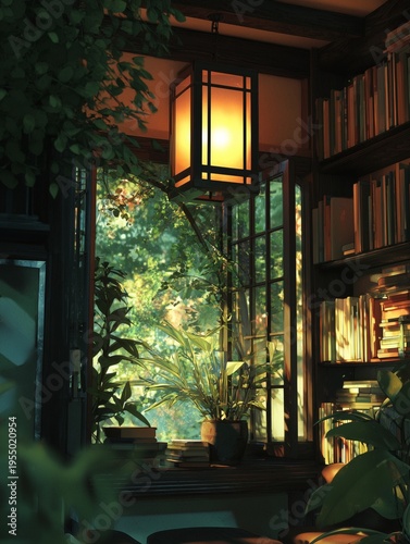 Cozy Interior With a Window View of Nature and a Paper Lantern Hanging Nearby
