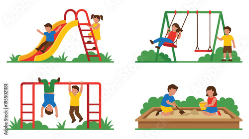 Kids playing on playground equipment in park flat vector collection