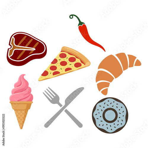 Assortment of delicious food items including steak, pizza slice, croissant, ice cream cone, and donut
