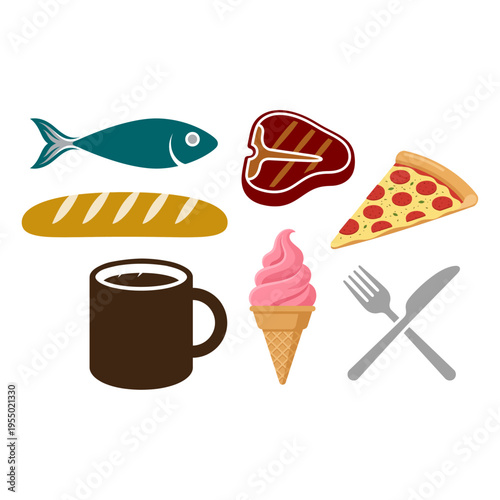 Assortment of Delicious Food and Drink Items Fish, Bread, Steak, Pizza, Coffee, Ice Cream, and Utensils