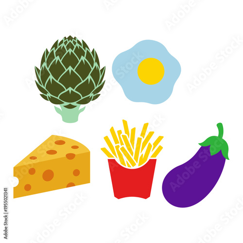 Vibrant Assortment of Food Icons Artichoke, Egg, Cheese, Fries, and Eggplant Graphics Set