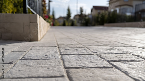 Textured outdoor paving stones close up with blurred background, durable patio surface material, natural light, architecture detail