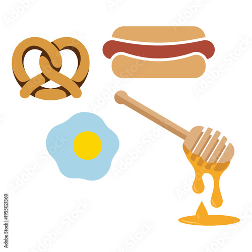 Diverse culinary illustrations featuring a pretzel, hot dog, fried egg, and honey dipper
