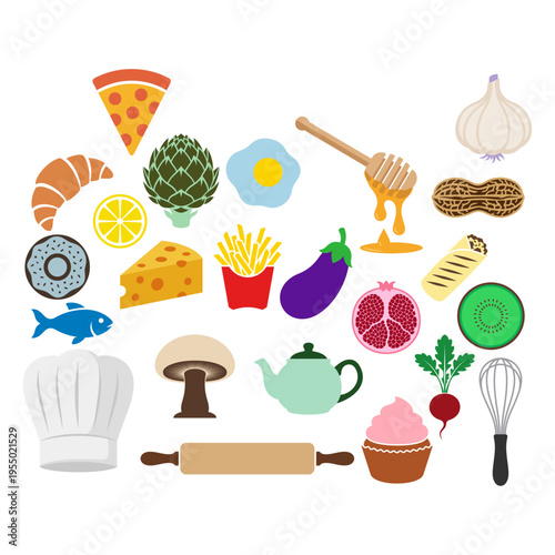 Collection of assorted food items, kitchen utensils, and healthy ingredients for cooking and dining