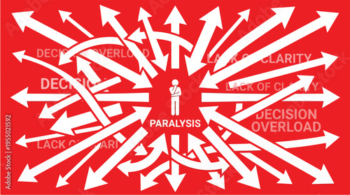 Decision Paralysis Concept with Individual Surrounded by Multiple Directional Arrows Representing Complex Choices – Vector Illustration