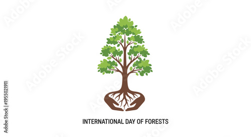 Tree with green leaves and roots.