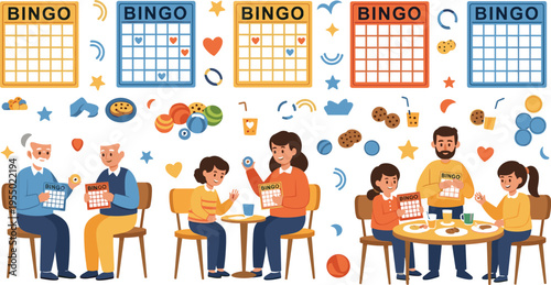 Family and friends playing bingo game together with cards, snacks and social gathering scenes fun entertainment vector illustration collection