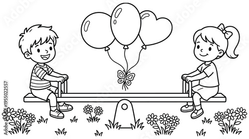 Children playing on seesaw with balloons coloring page illustration