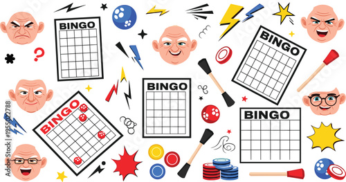 Angry and expressive senior man bingo game set with cards, chips, markers and emotional reactions cartoon vector illustration collection