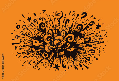 A vibrant and dynamic illustration of various symbols and shapes exploding in a creative burst.