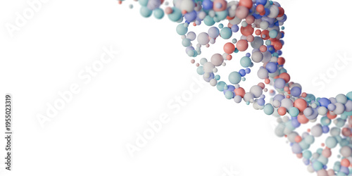 Abstract DNA structure formed by colorful glass spheres on a blue background creating a modern scientific composition. Clean digital molecular scene, 3d rendering.
