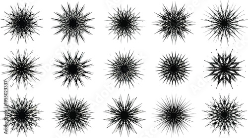 A collection of abstract black spiky shapes on a white background