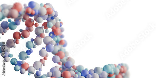 Abstract DNA structure formed by colorful glass spheres on a blue background creating a modern scientific composition. Clean digital molecular scene, 3d rendering.