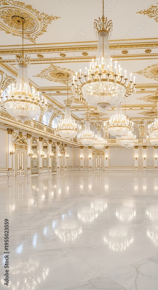 Obraz premium Luxurious ballroom interior with crystal chandeliers and polished marble floor