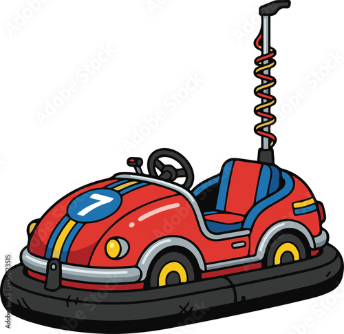 Colorful cartoon bumper car with a tall antenna, designed in a playful amusement park style, isolated on a white background.
