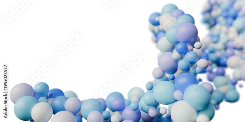 Abstract DNA structure formed by colorful glass spheres on a blue background creating a modern scientific composition. Clean digital molecular scene, 3d rendering.