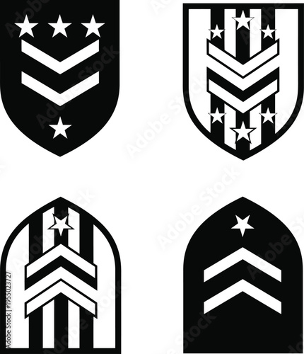 A set of four military rank insignia badges with stars and chevrons on a white background