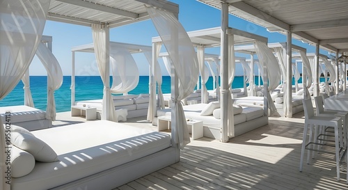 Luxury beach club cabanas with white curtains and ocean view