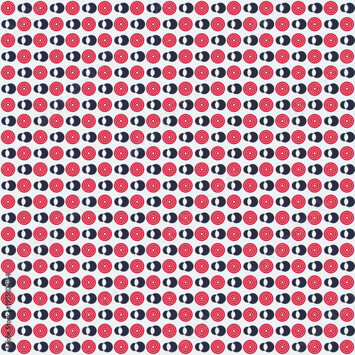 Geometric Pattern: A minimalist design showcases a repeating pattern of bold red circles and black ovals arranged in a visually pleasing grid.