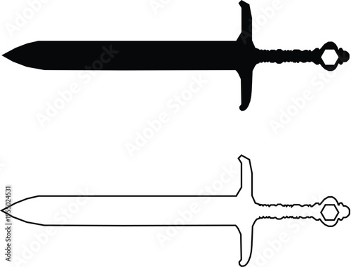 Two stylized Sword illustrations. one solid black silhouette and one detailed outline, depicting a classic medieval weapon with a straight blade, cross guard , ornate pommel.