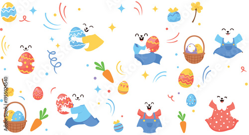 Cute Easter bear characters with eggs, baskets and carrots playful spring animal cartoon vector illustration collection for holiday design