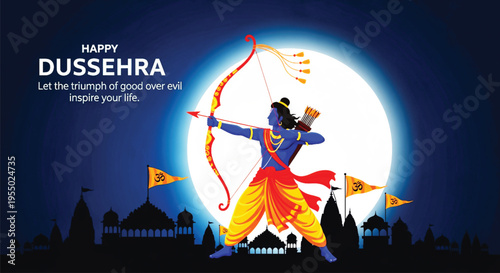 Lord Rama aiming bow and arrow against full moon background during Dussehra festival celebration featuring traditional Indian temple silhouettes and spiritual cultural graphic design.