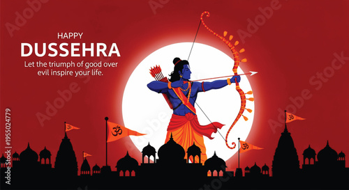 Lord Rama aiming bow and arrow against silhouette of Indian temple city with large full moon background for religious Dussehra festival celebration digital greeting card illustration.
