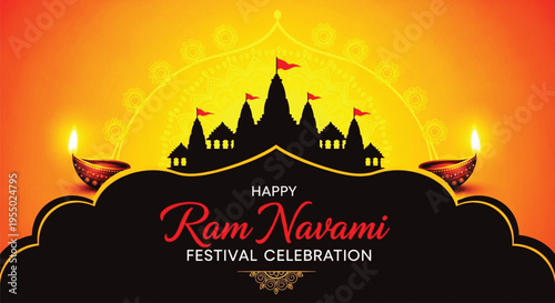 Ram Navami festival greeting card featuring silhouette of Ayodhya Ram Mandir temple with glowing diya lamps on vibrant orange background for traditional Indian religious celebration.
