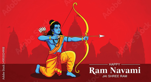 Lord Rama with bow and arrow in a kneeling position against a vibrant red background with temple silhouettes for the auspicious Hindu festival celebration of Ram Navami digital art.