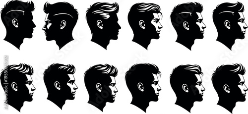 Set of Male Profile Silhouettes Featuring Modern Trendy Hairstyles Undercut Fades and Quiffs for Barber Shop Branding and Haircut Catalog