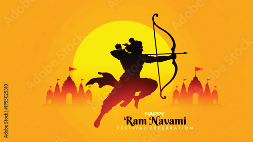 Lord Rama silhouette aiming bow and arrow with temple background for festive Ram Navami celebration greeting card graphic design featuring vibrant orange sun flare and cultural motifs.