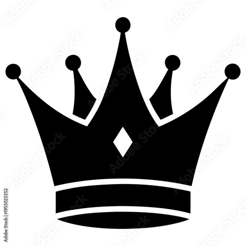 A black crown icon on transparent background, symbolizing royalty and power in a minimalist flat design
