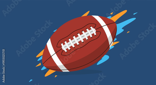 Dynamic American Football Ball Illustration with Energetic Colorful Splatters on a Deep Blue Background - Sports and Competition Theme