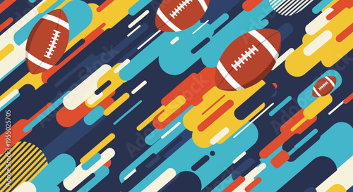 Dynamic Abstract Background with American Footballs and Colorful Streaks, Representing Speed and Action
