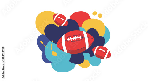 American football balls illustration with abstract colorful shapes. Sport game concept, championship, competition, team play, recreational activity.